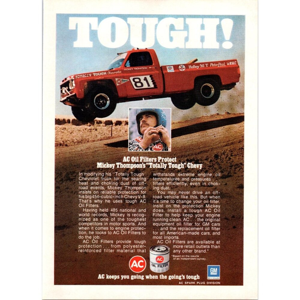 1973 AC Oil Filters Mickey Thompson Totally Tough Chevy Vintage Print Ad Art